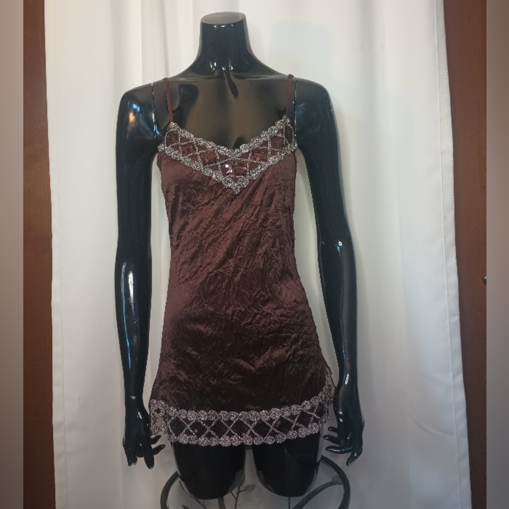 Vol 1 Y2K Forest Fairy Grunge Satin Cami Tank Top M Brown Beaded Sequin Long Vtg